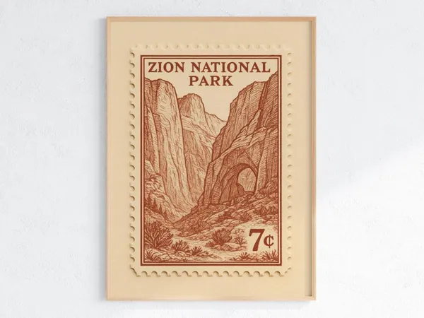 Zion National Park Vintage Travel Poster, Retro Stamp