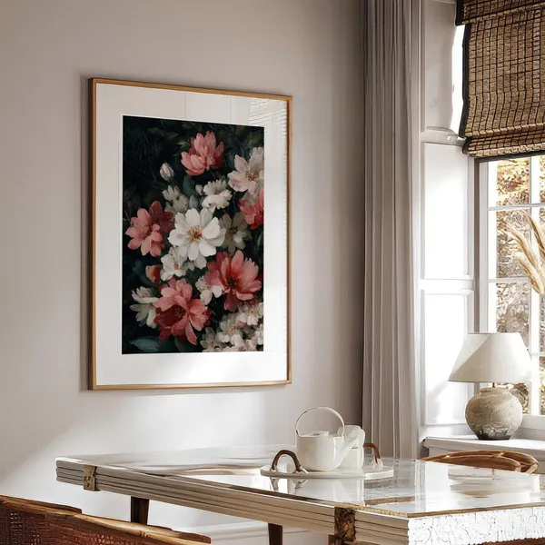 Vintage Pink White Floral Print, Botanical Still Life