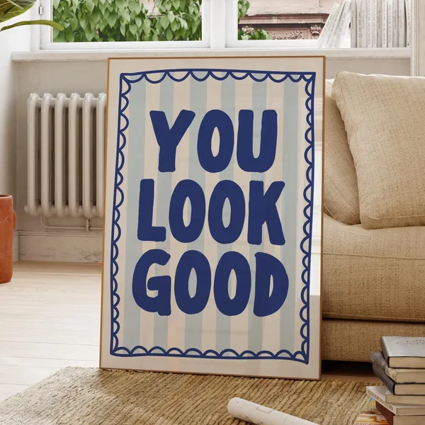 You Look Good Navy Blue Striped Retro Poster