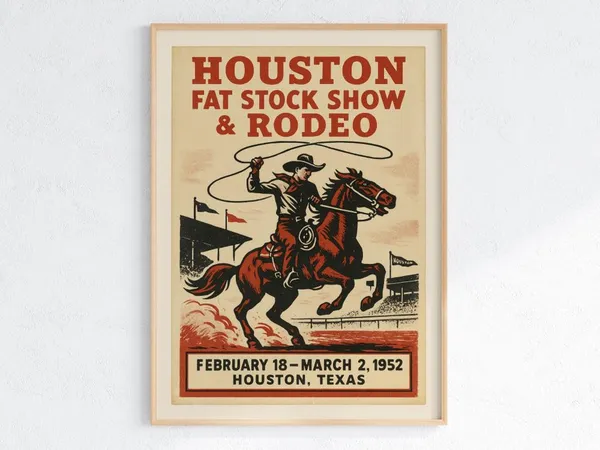 Vintage Houston Rodeo Poster, 1952 Cowboy Art Print