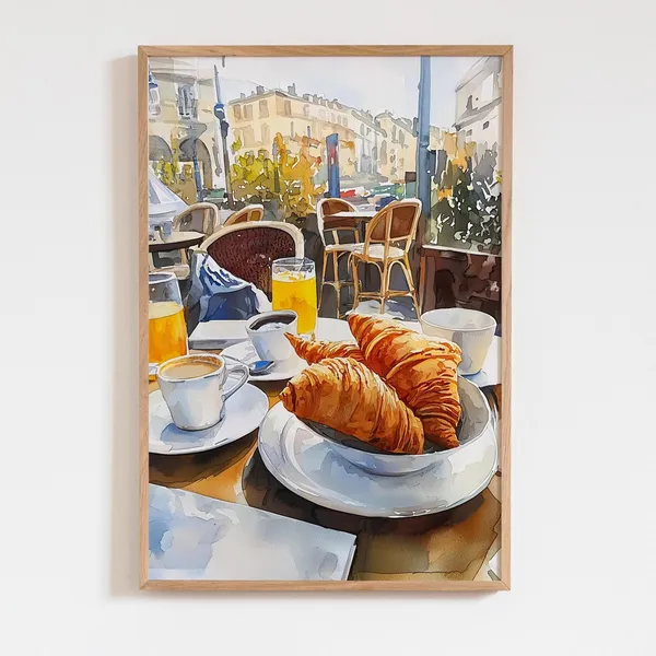 Paris Cafe Watercolor Art Print, French Breakfast