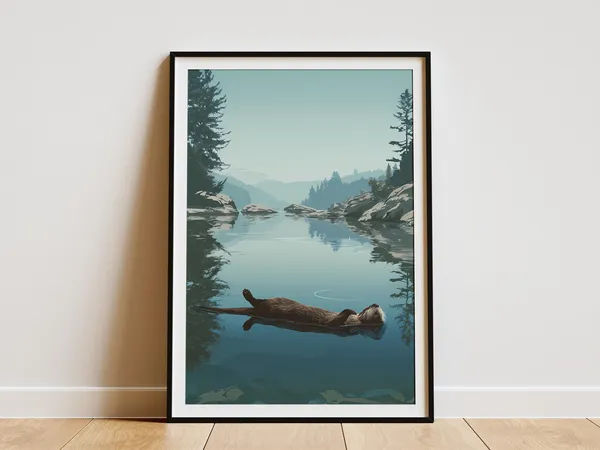 Peaceful Otter Floating River Art Print, Minimalist
