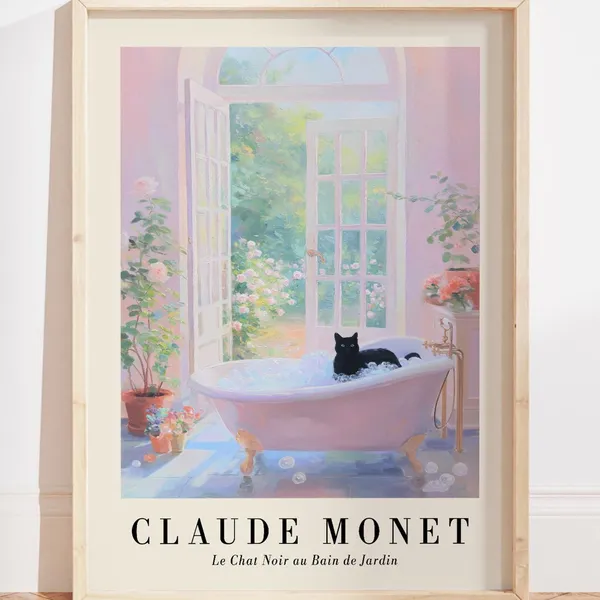 Monet-Inspired Black Cat Bathtub Art Print, Pastel Bathroom Decor
