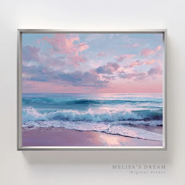 Pastel Ocean Coastal Sunset Art Print, Beach Seascape
