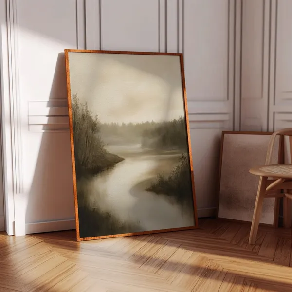 Misty River Landscape Art Print, Neutral Forest Scene