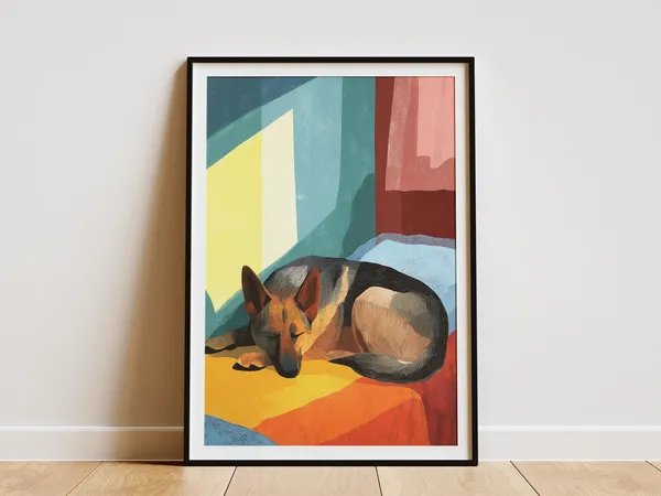 German Shepherd Dog Sleeping, Matisse-Style Art Print