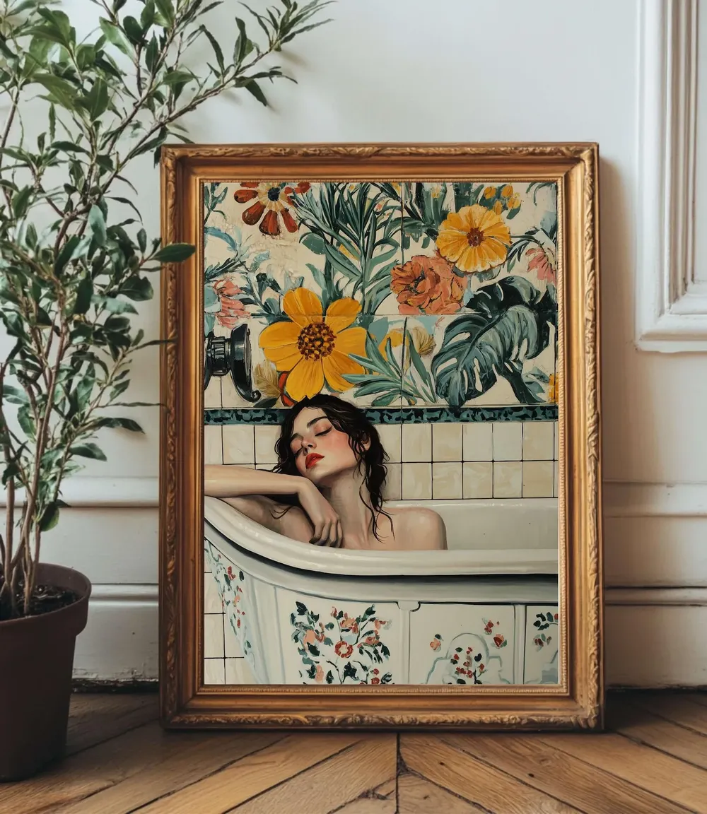 Retro Floral Woman In Bathtub Art Print