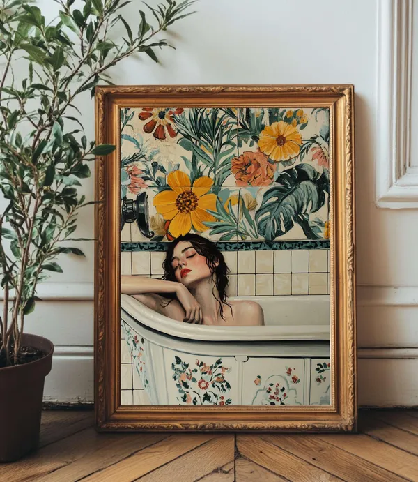 Retro Floral Woman In Bathtub Art Print