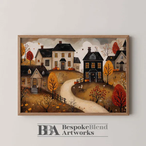 Fall Village Art Print, Rustic Autumn Homes