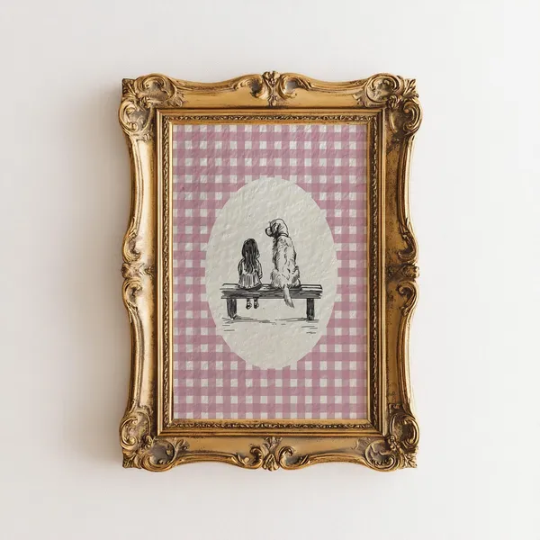 Watercolor Girl and Golden Retriever Art Print, Vintage