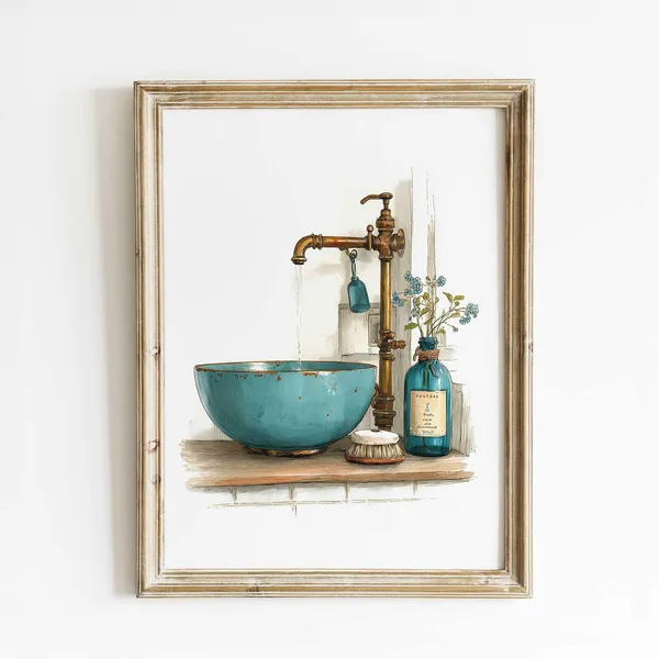 Rustic Bathroom Watercolor Art Print, French Country