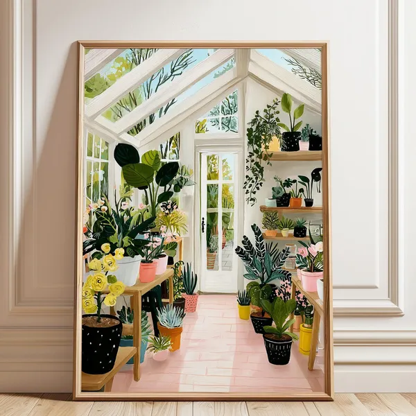 Greenhouse Plant Painting Poster, Botanical Wall Decor