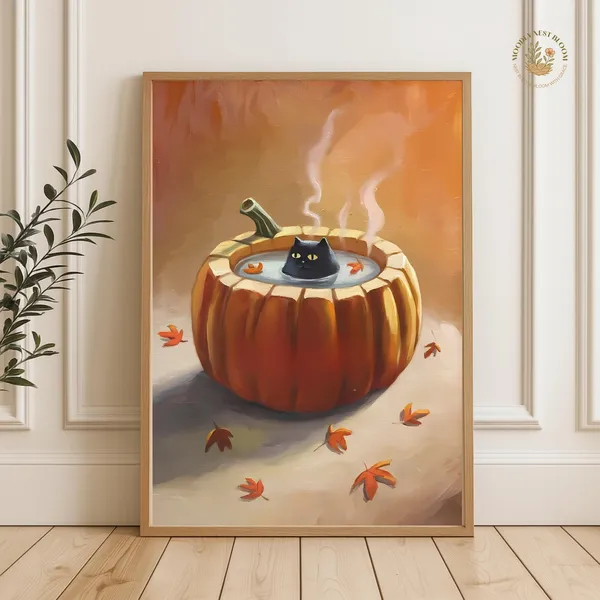 Pumpkin Cat Hot Tub Art Print, Whimsical Autumn
