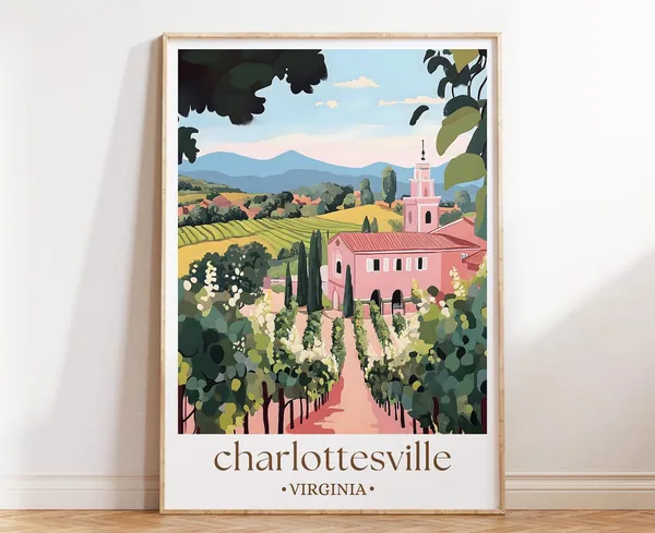 Charlottesville Virginia Travel Poster, Vineyard Landscape Print