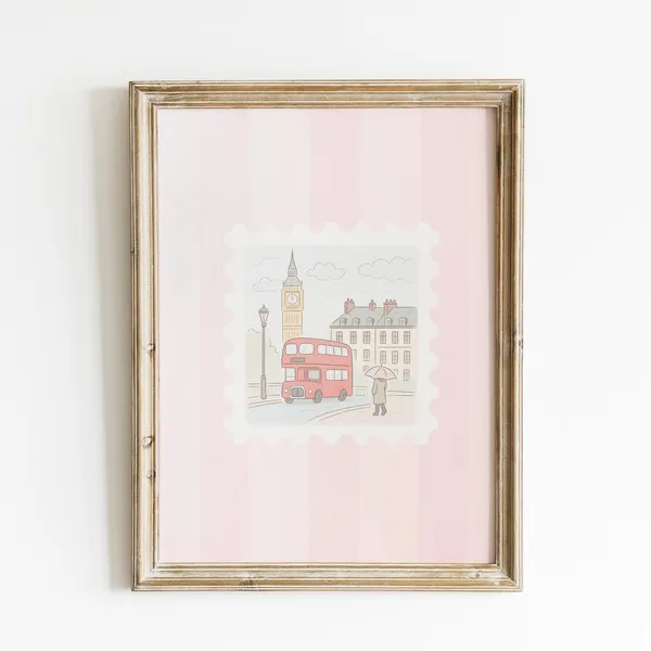 London Stamp Print, Coquette Pink Stripes Travel Poster