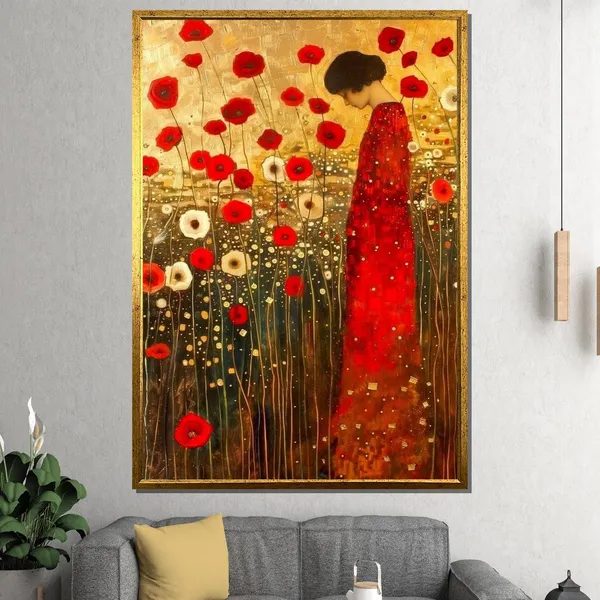 Golden Red Poppy Woman, Klimt-Inspired Art Print