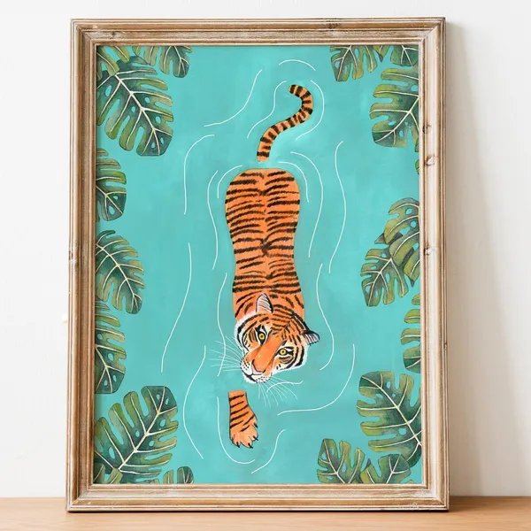 Tiger Painting Tropical Jungle Art Print, Safari Animals