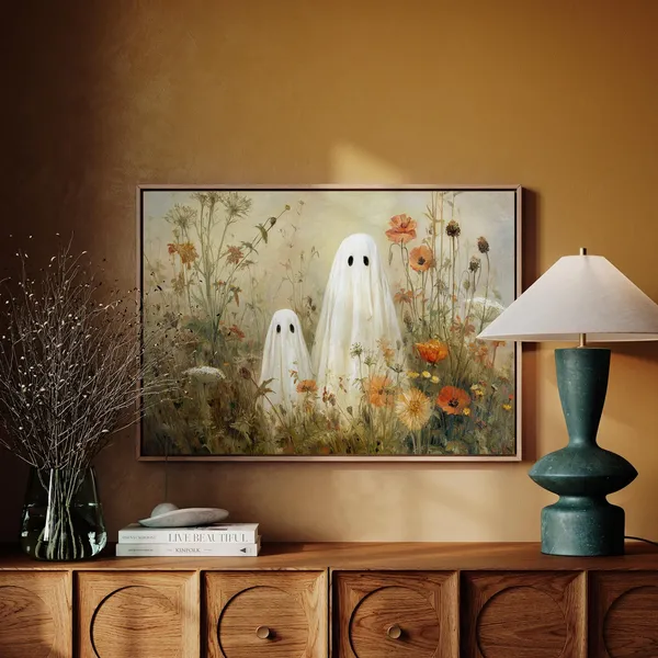 Whimsical Ghosts in Wildflowers Halloween Art Print