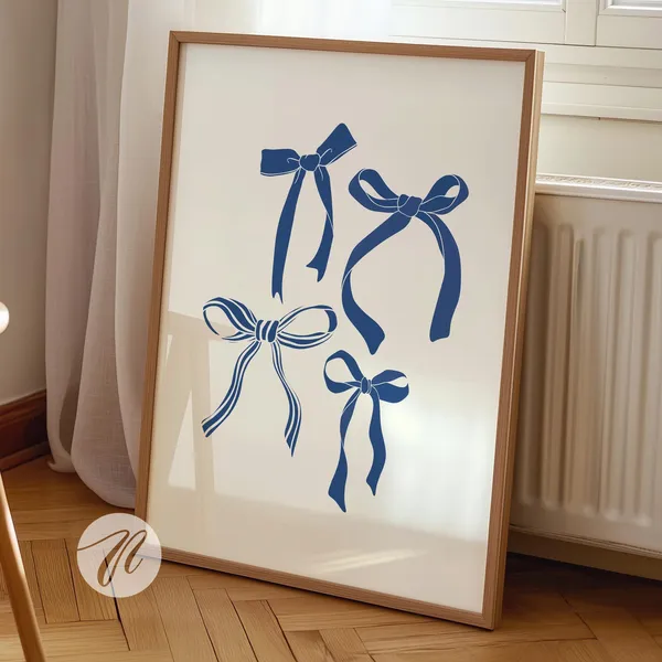 Navy Blue Bows Preppy Wall Art, Coquette Decor