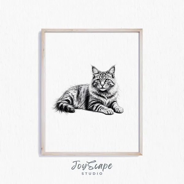 Maine Coon Cat Sketch Rustic Animal Art Print