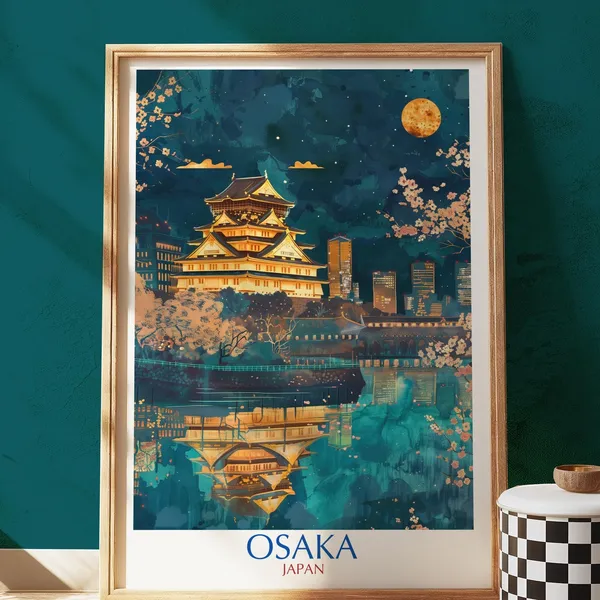 Osaka Castle Japan Travel Poster, Romantic Night Skyline