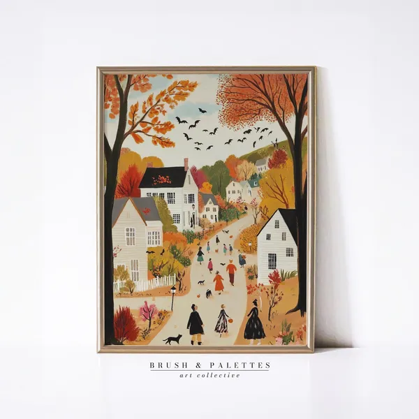 Fall Autumn Cityscape Art Print, Cozy Beige Decor