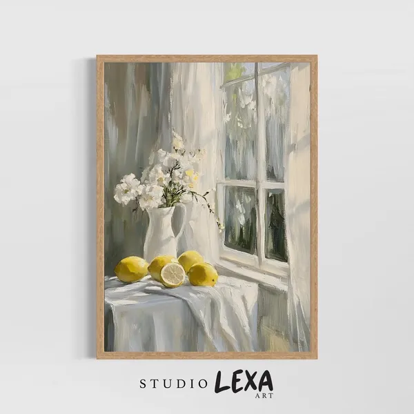 Lemon Still Life Art Print, Rustic Farmhouse Kitchen