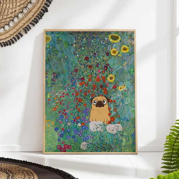 Pug Klimt Sunflower Field Poster Print, Whimsical