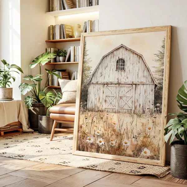 White Barn and Wild Daisy Field, Rustic Farmhouse Print
