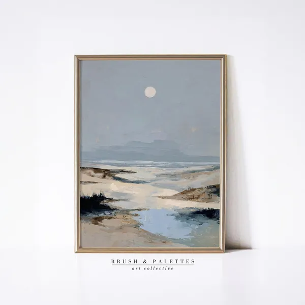 Moonlit Coastal Landscape, Minimalist Beach Art Print