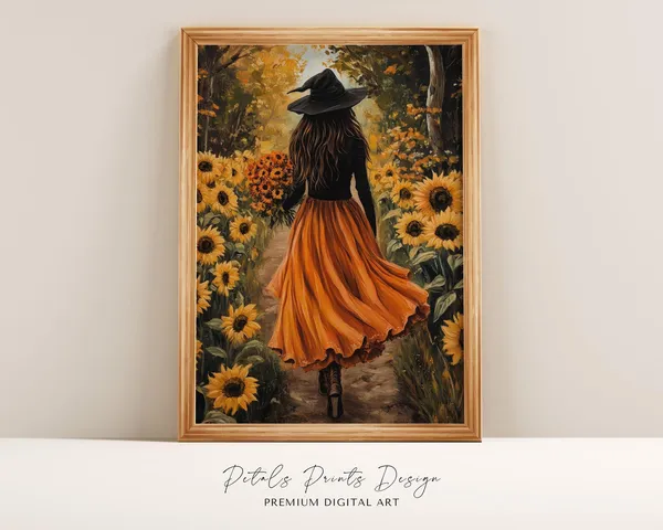 Vintage Witch Sunflower Poster, Spooky Halloween
