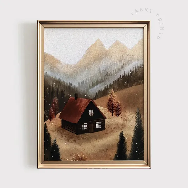 Fall Mountain Cabin Art Print, Cozy Autumn Cottage