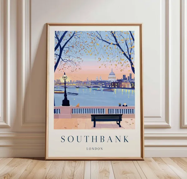 Southbank London Travel Poster, Thames River City Art