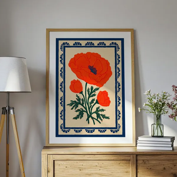 Orange Poppy Folk Art Print, Vintage Scandinavian Botanical