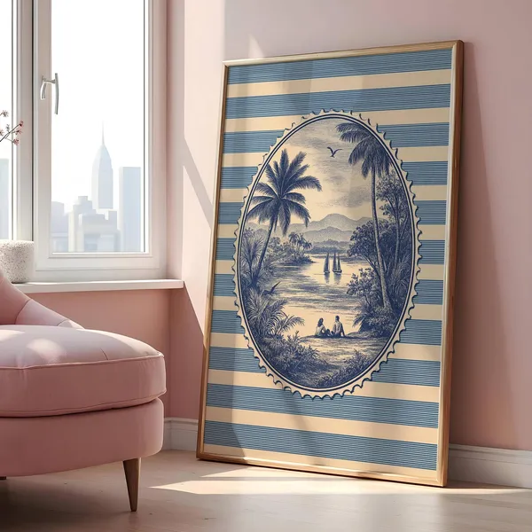 Vintage Tropical Stamp Art Print, Palm Beach Coastal Decor