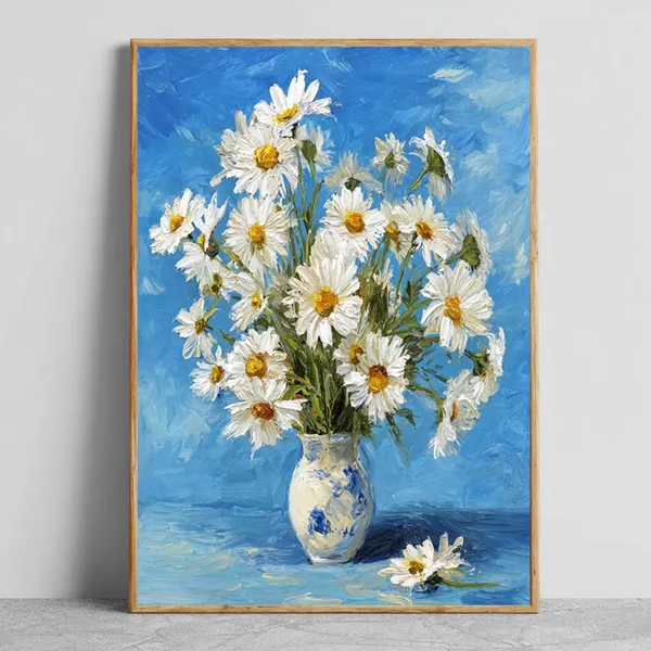 White Daisies In Vase, Floral Oil Painting Style