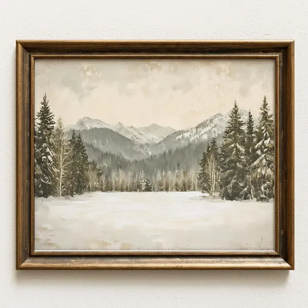 Winter Mountain Landscape Art Print, Rustic Nature Decor