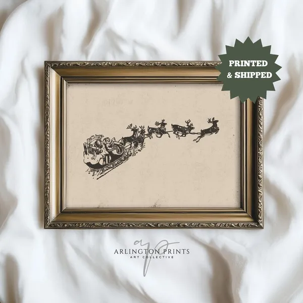 Antique Santa and Reindeer Sleigh, Traditional Christmas Art Print