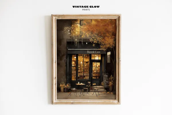 Cozy Autumn Coffee Shop Art Print, Dark Academia