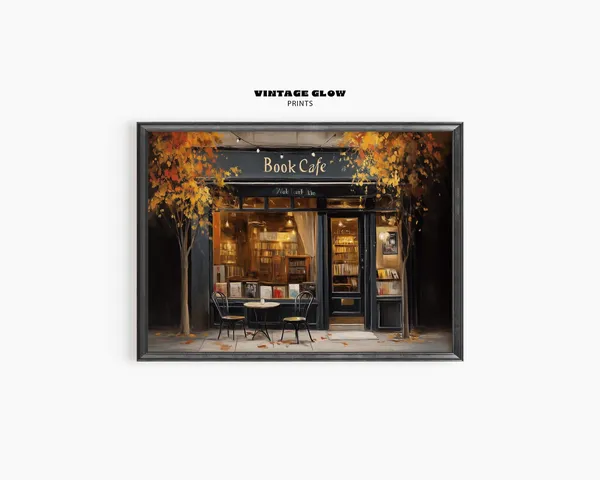Cozy Autumn Coffee Shop Painting, Dark Academia Poster