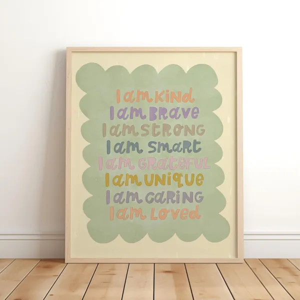 Cute Green Affirmation Print, Brave Kind Kids Bedroom