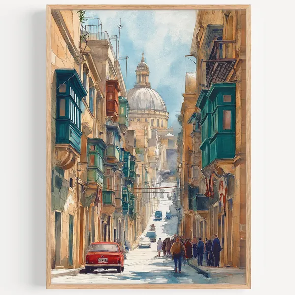 Valletta Watercolor Painting Travel Poster, Malta