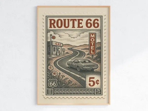 Route 66 Vintage Stamp Poster, Retro Travel Poster