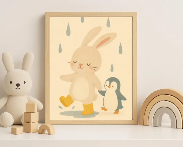 Bunny And Penguin In The Rain Nursery Art Print