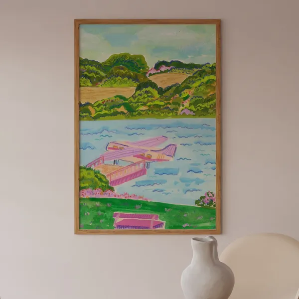 Colorful Mountain Landscape Art Print, Pink Plane