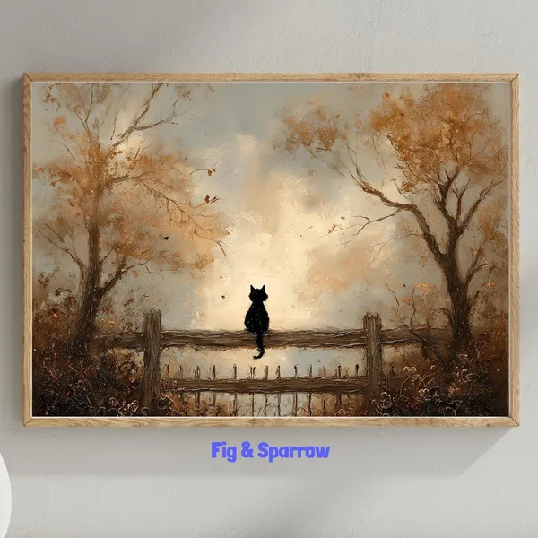Black Cat Autumn Landscape Art Print, Rustic Farmhouse