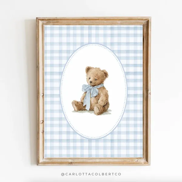 Bear Nursery Art Blue Boy Gingham Teddy Print