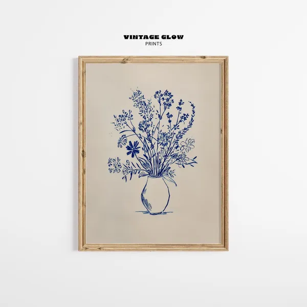 Blue Floral Still Life Art Print, Boho Botanical