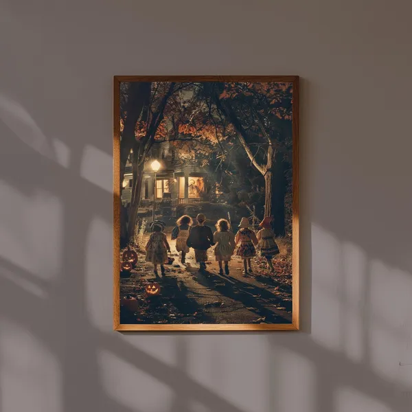 Vintage Halloween Trick-or-Treaters Streetlights Art Print
