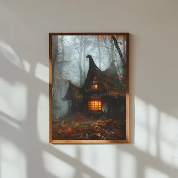 Cozy Witch Cottage in Foggy Autumn Forest, Art Print